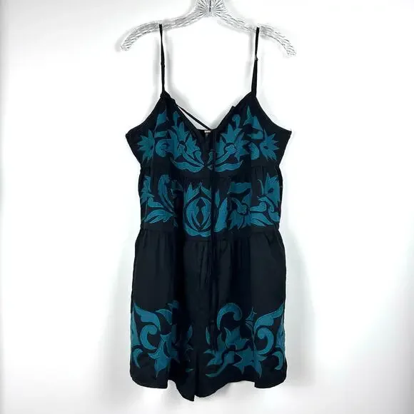 Free People Everblue Romper Black Blue Adjustable Straps Embroidery Womens Sz L - Picture 3 of 11